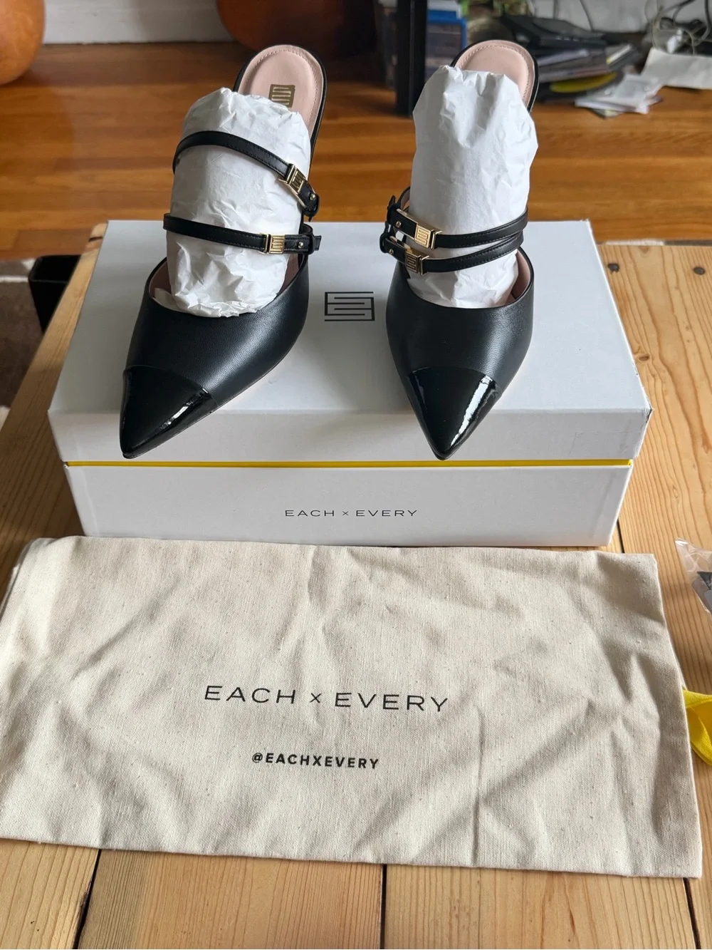 Black Pointed Leather Mule Heels with Double Strap and Gold Accent